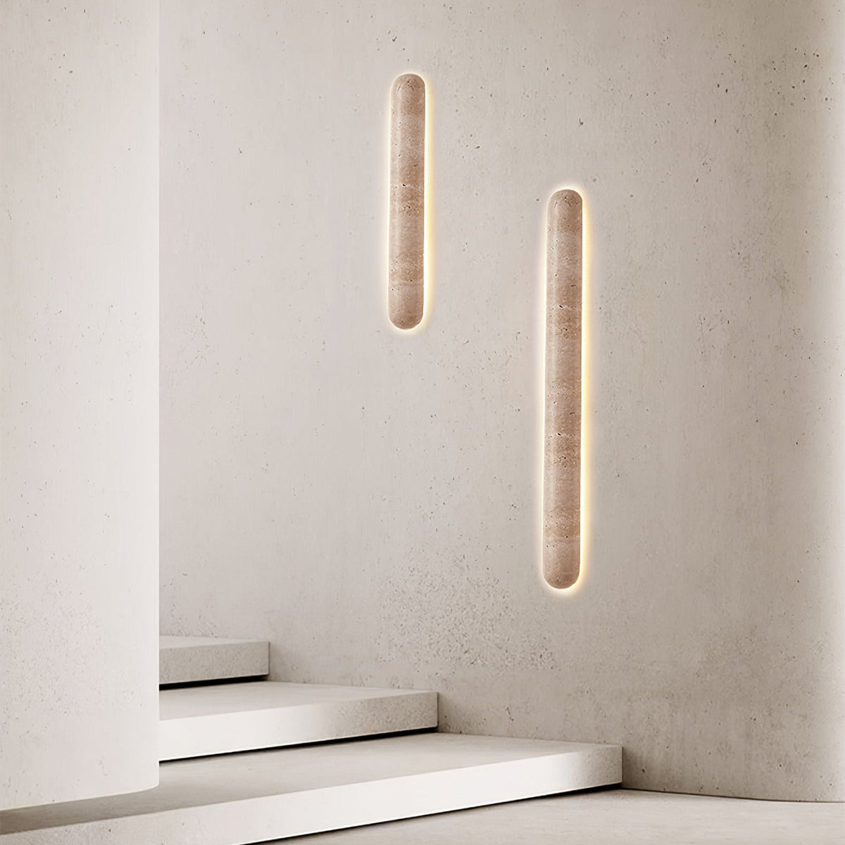Backlit travertine wall light, slim stone bar with a warm halo (2)