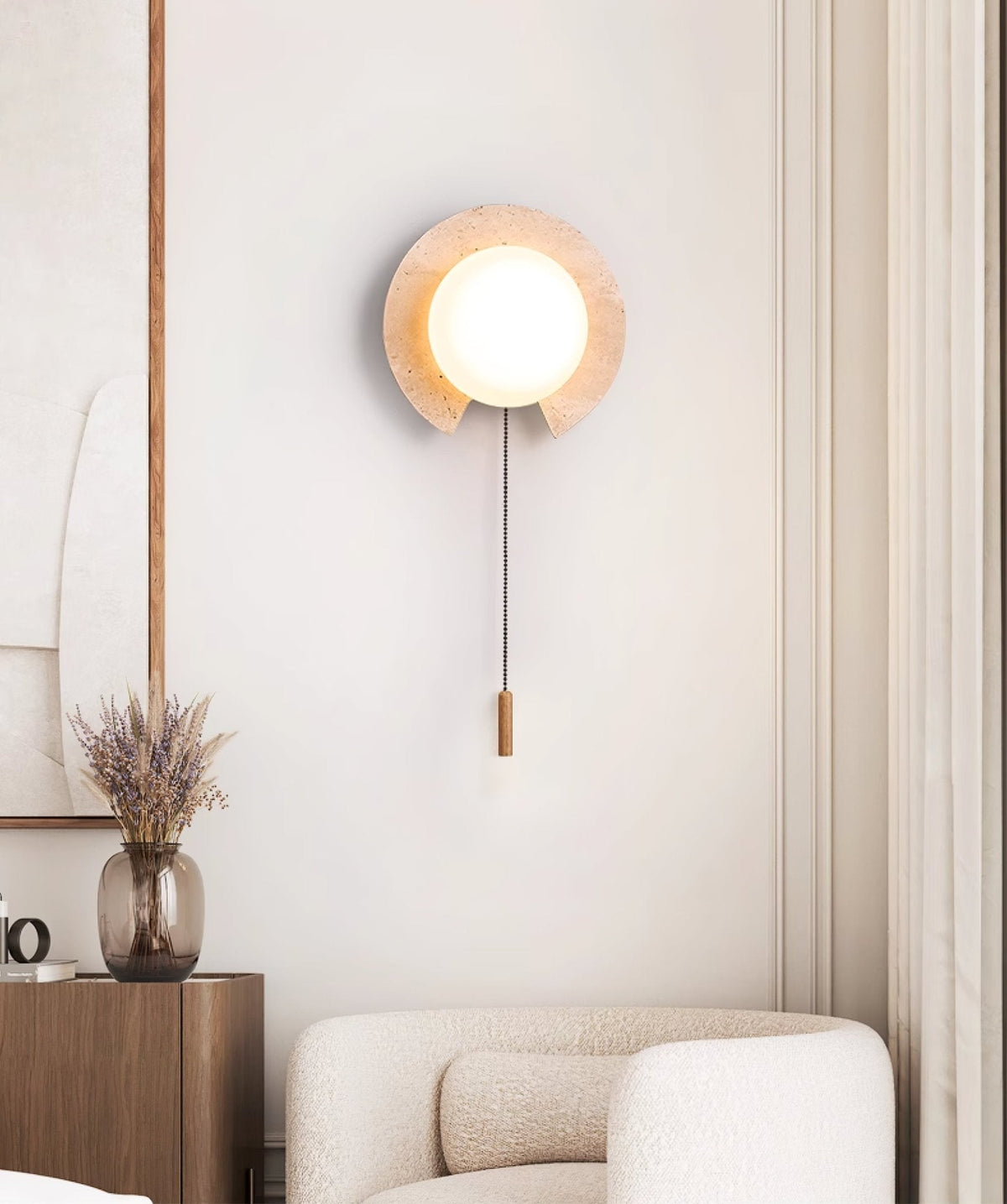 Travertine ring wall light, cut stone ring with a glass orb and pull chain (2)