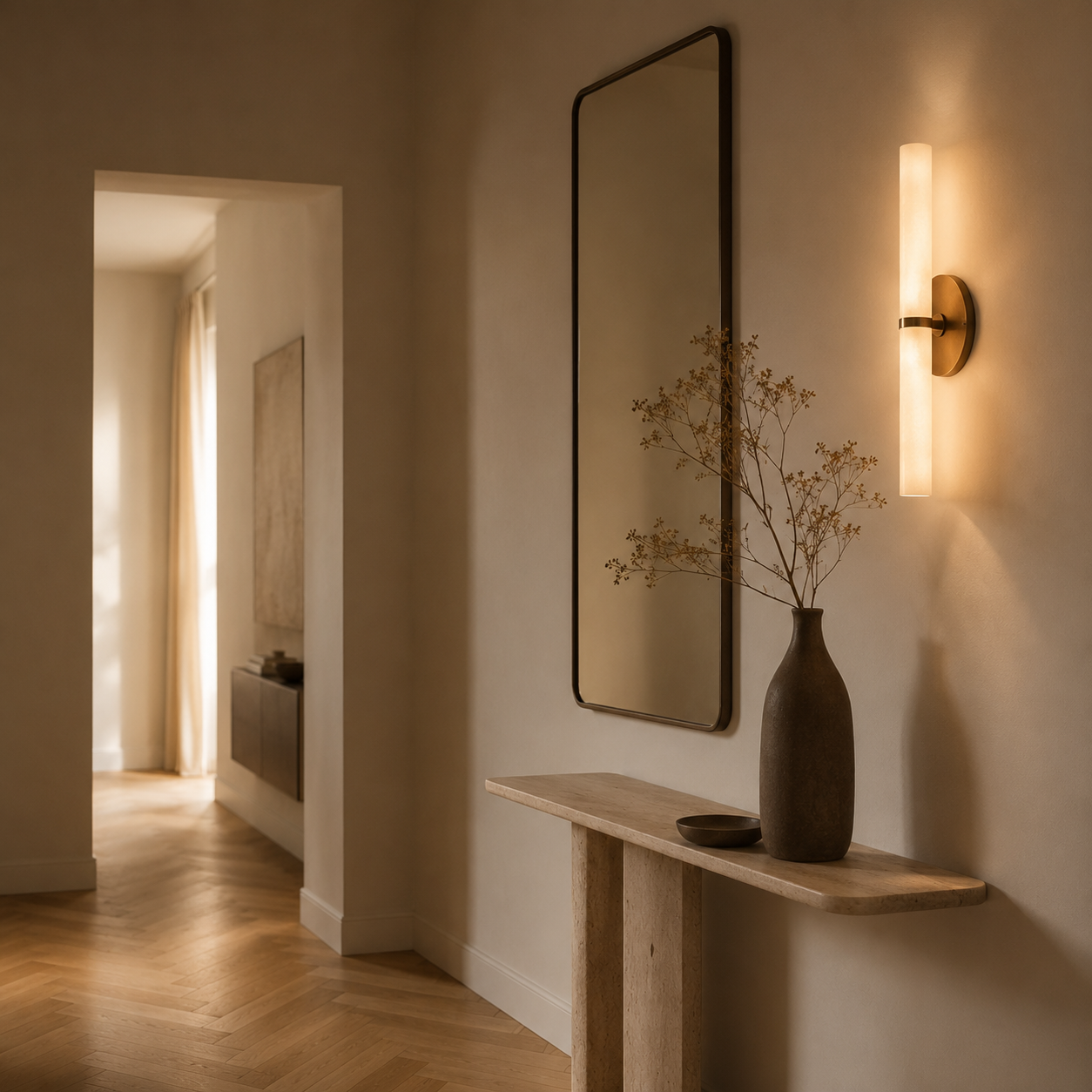 Hallway lit by a run of wall lights