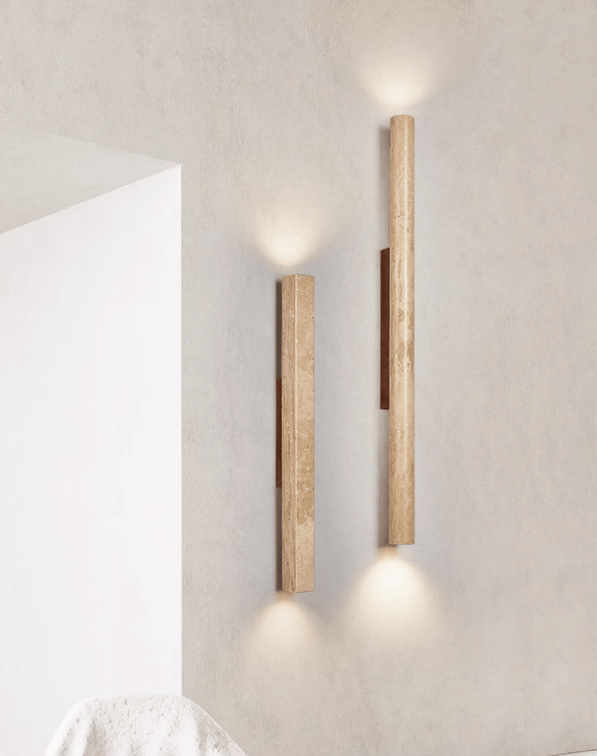 Travertine column wall light with natural wood detail — image 9