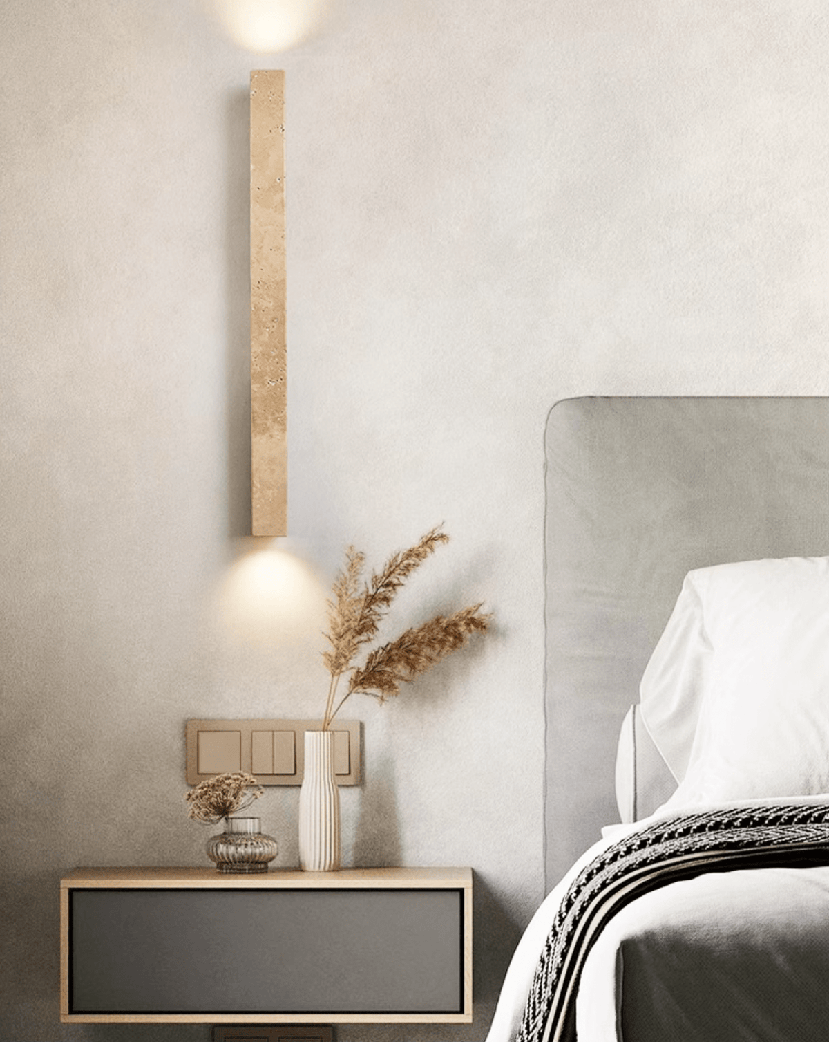 Travertine column wall light with natural wood detail — image 10