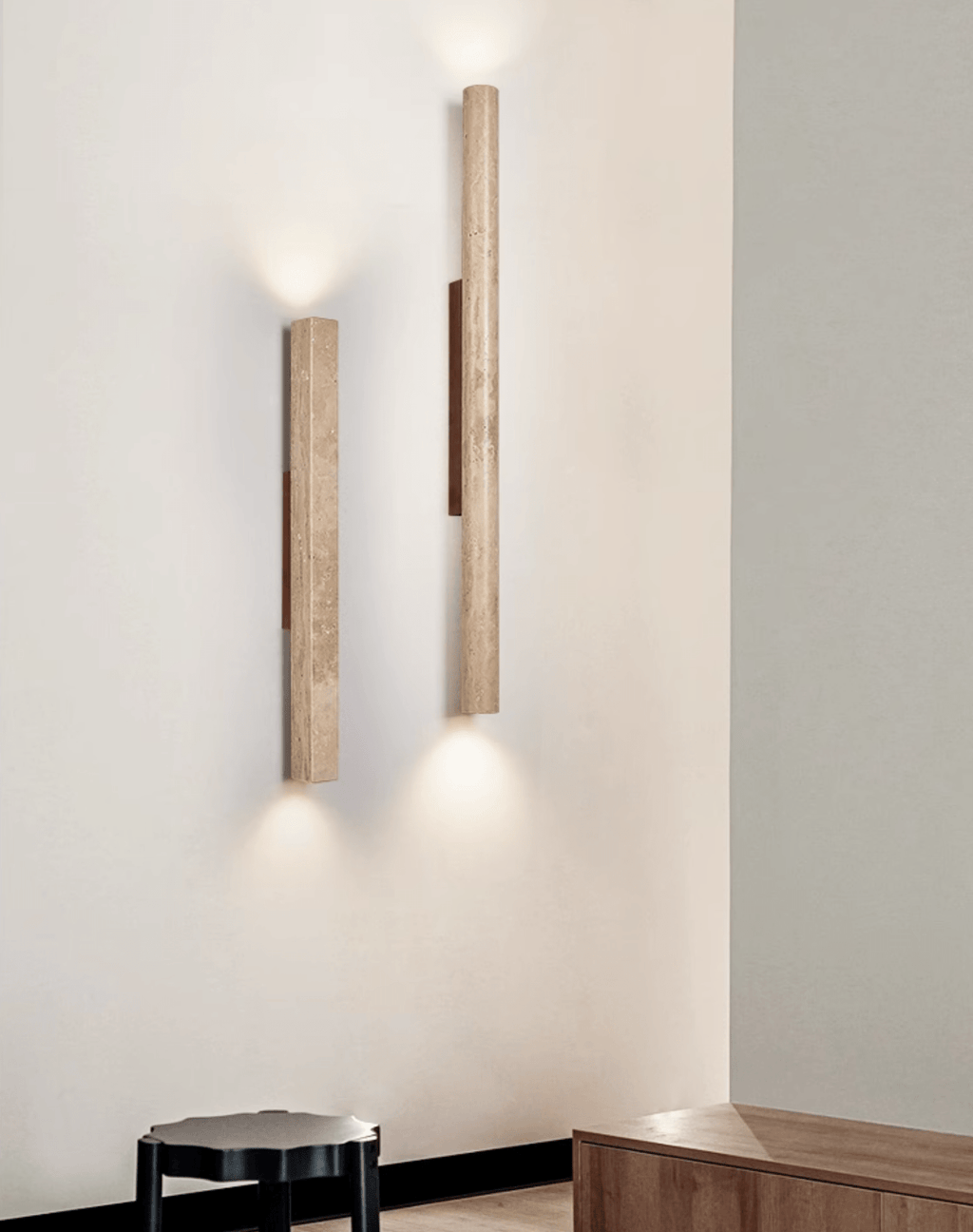 Travertine column wall light with natural wood detail — image 3