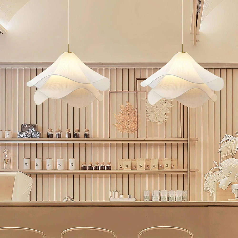 Japandi Rippled Fabric Pendant Light – Matt White LED Shade