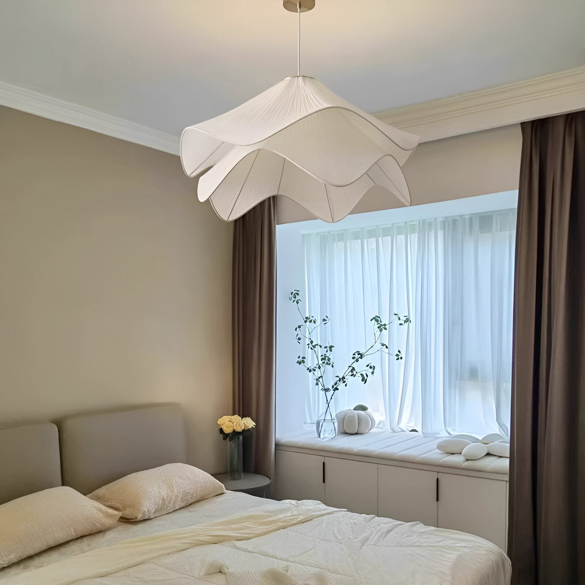 Japandi Rippled Fabric Pendant Light – Matt White LED Shade