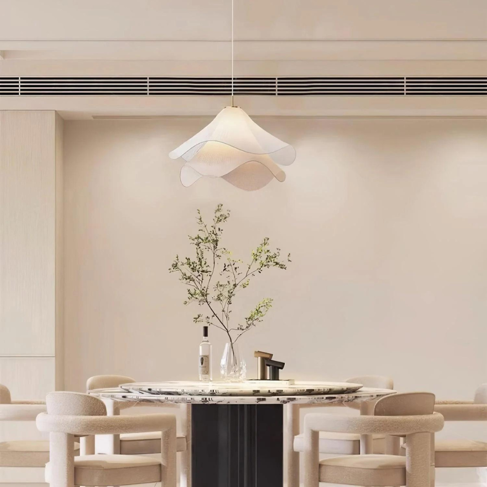 Japandi Rippled Fabric Pendant Light – Matt White LED Shade