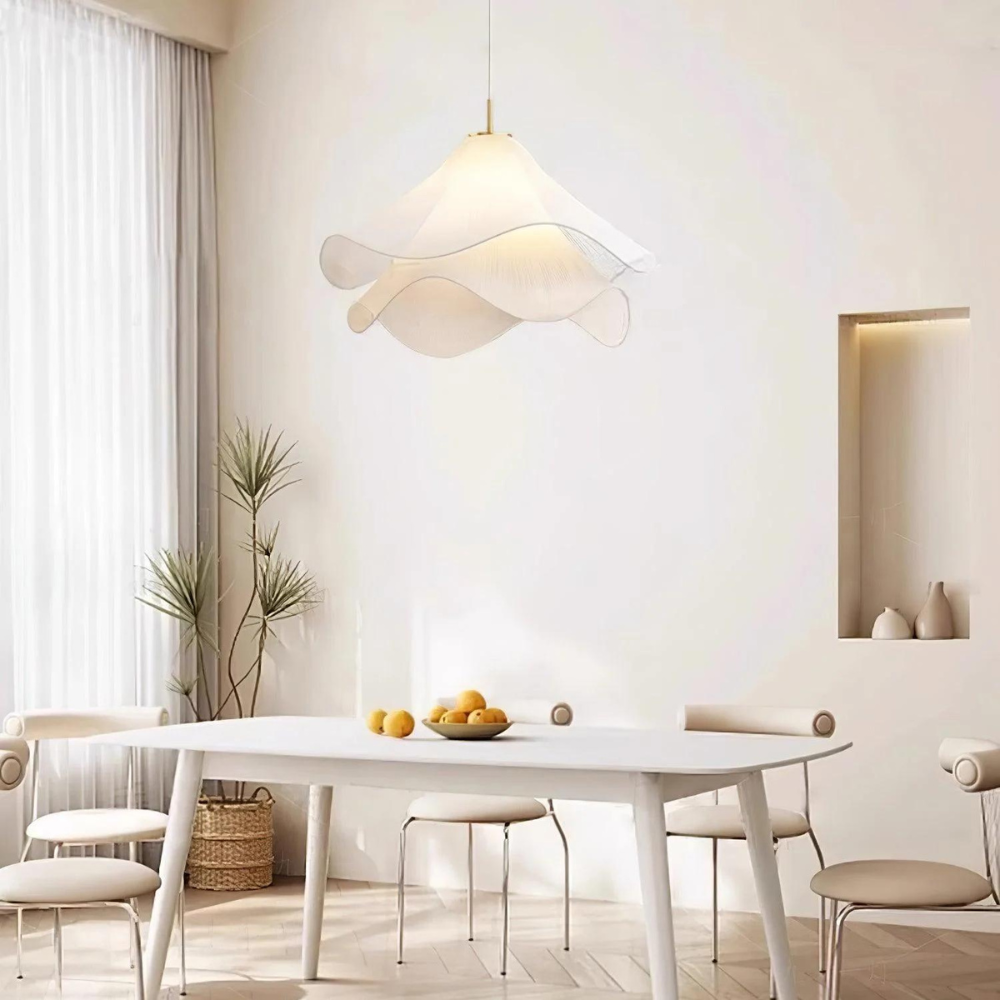Japandi Rippled Fabric Pendant Light – Matt White LED Shade
