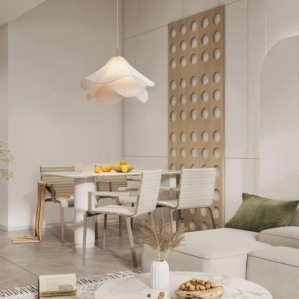Japandi Rippled Fabric Pendant Light – Matt White LED Shade