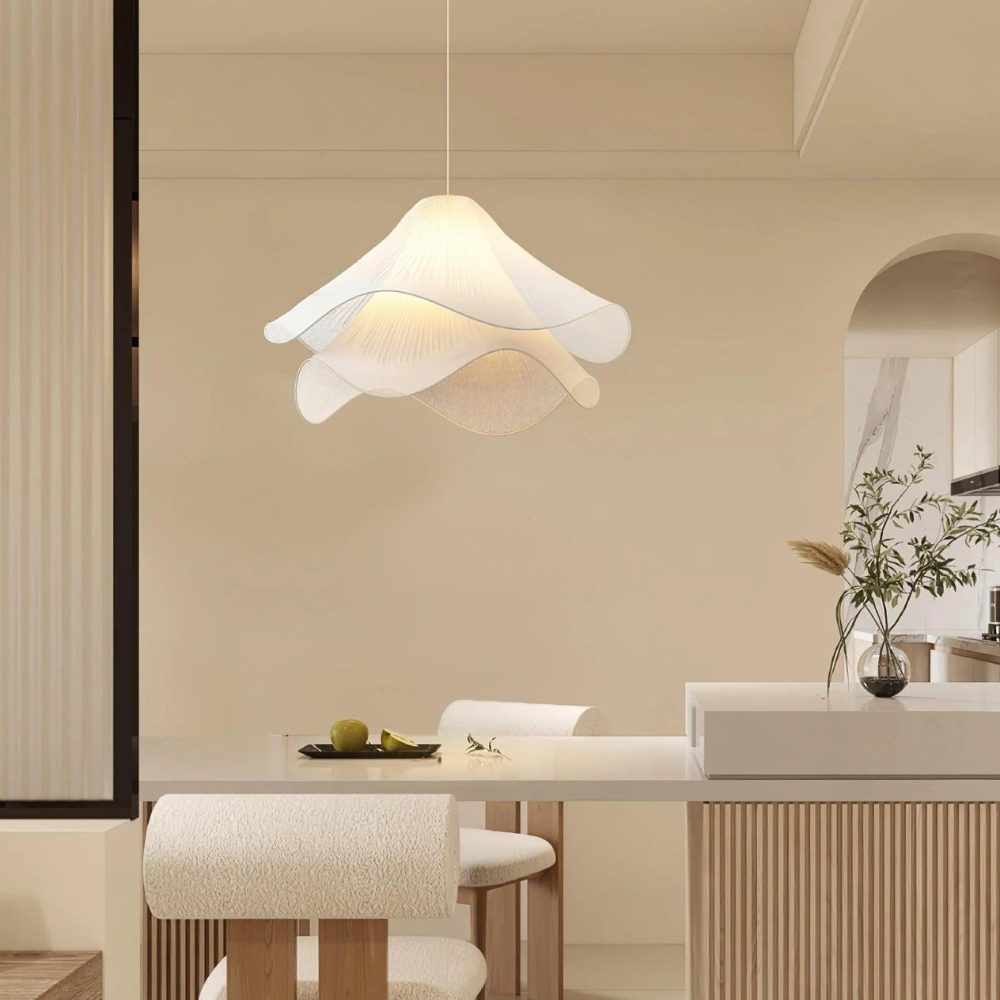 Japandi Rippled Fabric Pendant Light – Matt White LED Shade