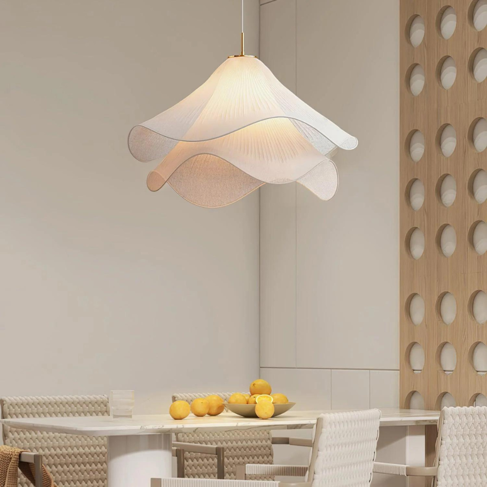 Japandi Rippled Fabric Pendant Light – Matt White LED Shade