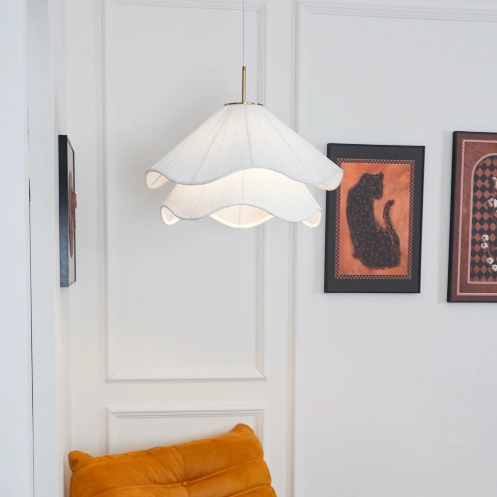 Japandi Rippled Fabric Pendant Light – Matt White LED Shade