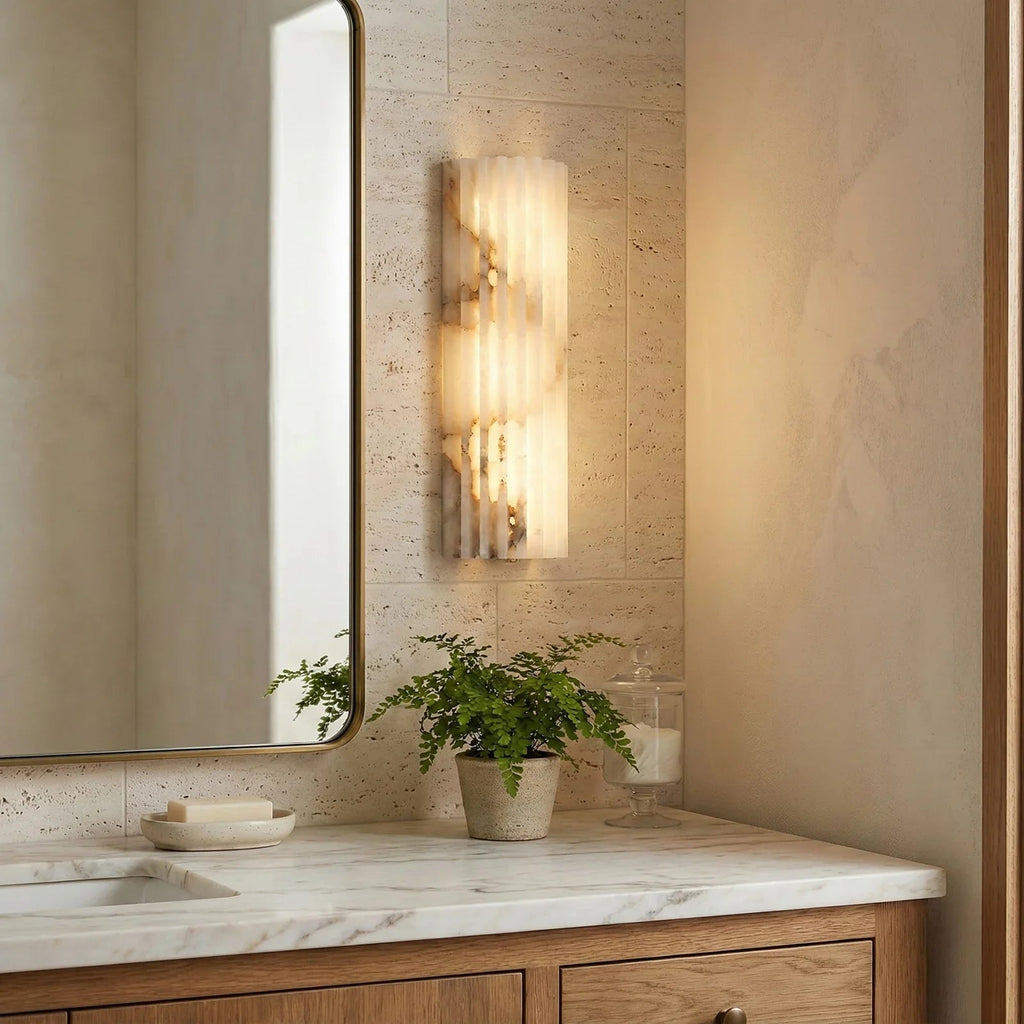 Sculpted Alabaster Wall Light – Brass Frame, Integrated LED