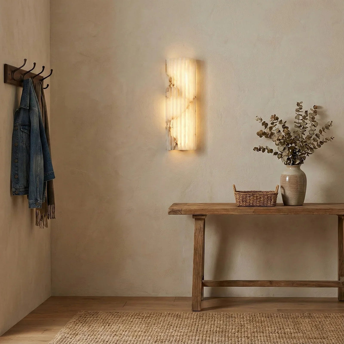 Sculpted Alabaster Wall Light – Brass Frame, Integrated LED