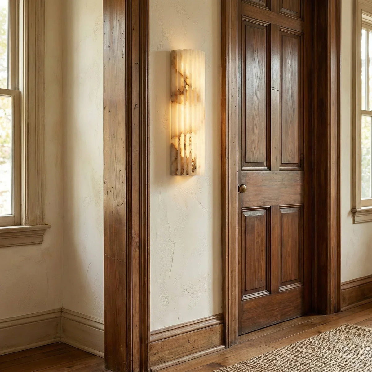 Sculpted Alabaster Wall Light – Brass Frame, Integrated LED