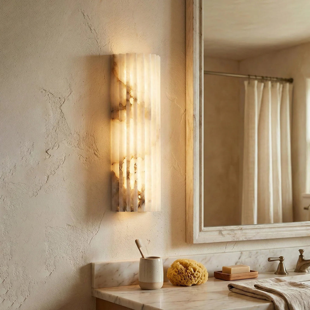 Sculpted Alabaster Wall Light – Brass Frame, Integrated LED