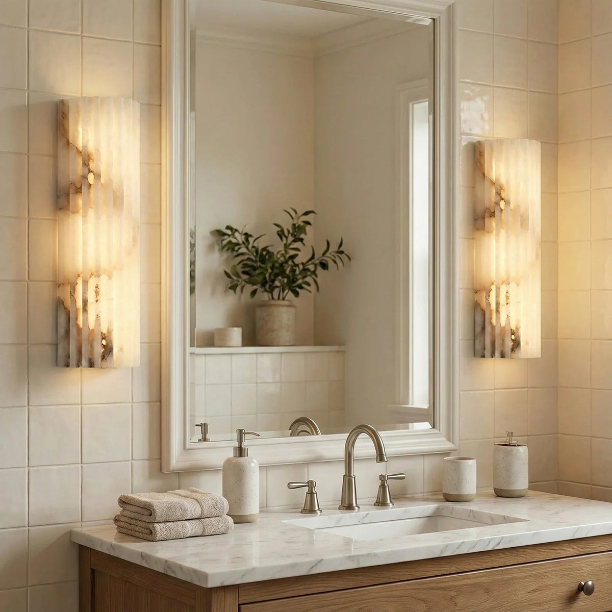 Sculpted Alabaster Wall Light – Brass Frame, Integrated LED
