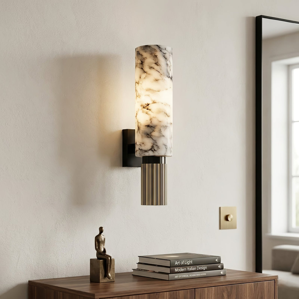 Cylindrical Wall Light - White Marble and Polished Brass, E27 (ES) cap, H 33.5cm