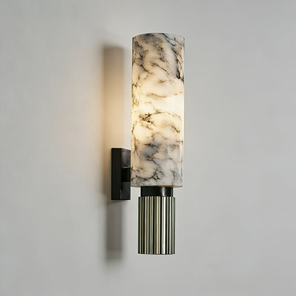 Cylindrical Wall Light - White Marble and Polished Brass, E27 (ES) cap, H 33.5cm