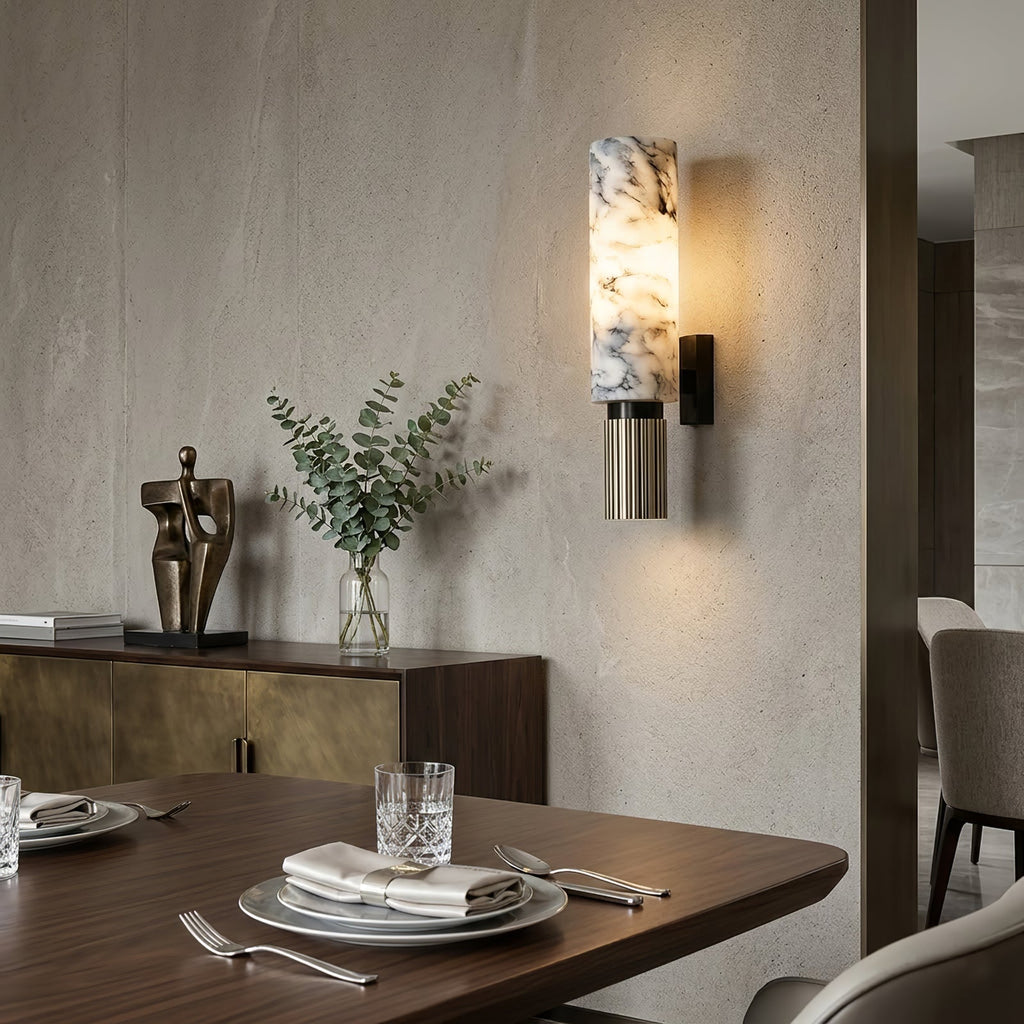 Cylindrical Wall Light - White Marble and Polished Brass, E27 (ES) cap, H 33.5cm
