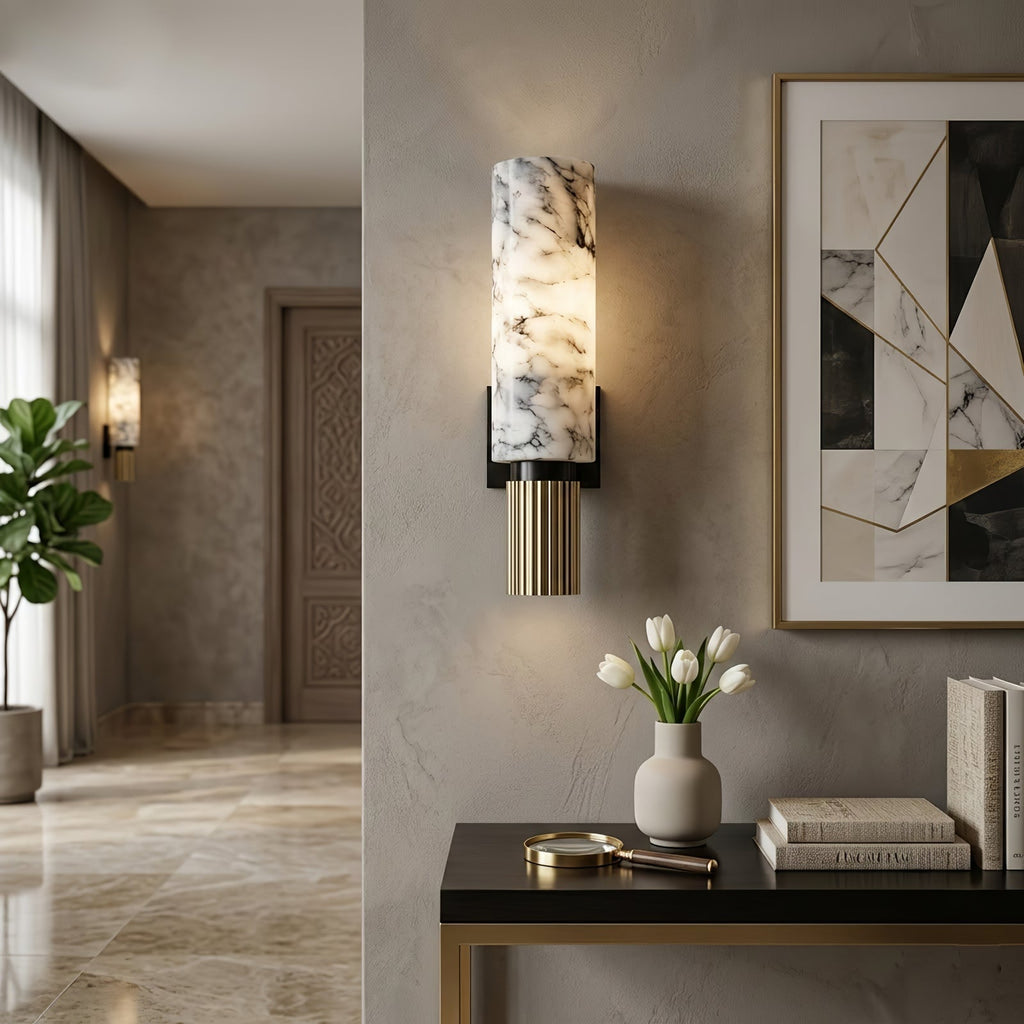 Cylindrical Wall Light - White Marble and Polished Brass, E27 (ES) cap, H 33.5cm