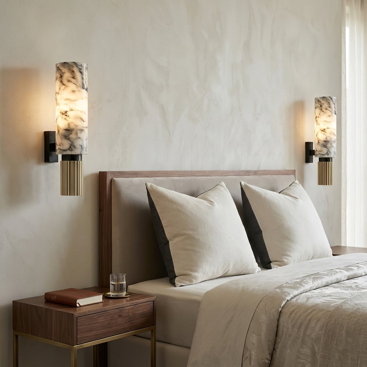 Cylindrical Wall Light - White Marble and Polished Brass, E27 (ES) cap, H 33.5cm