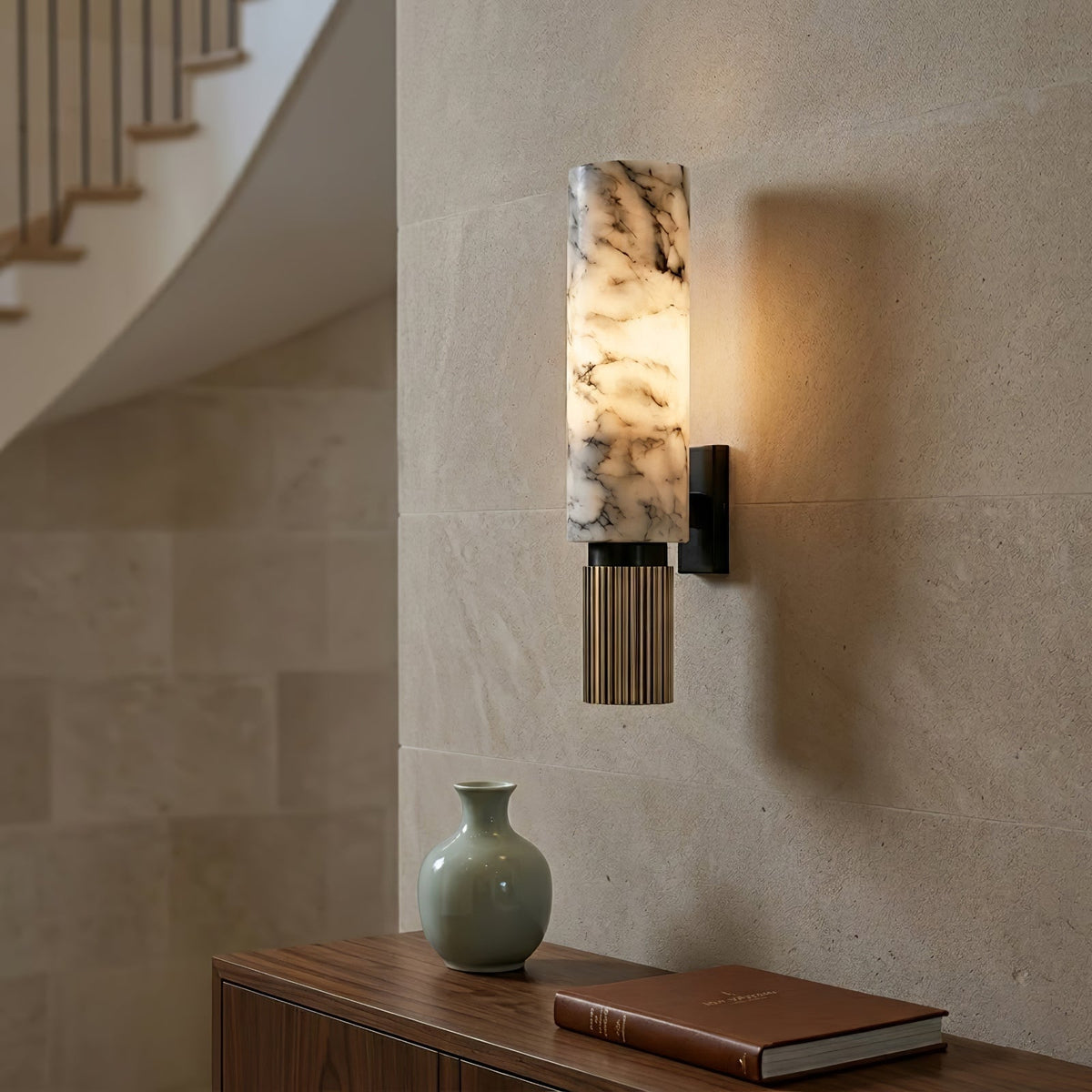 Cylindrical Wall Light - White Marble and Polished Brass, E27 (ES) cap, H 33.5cm