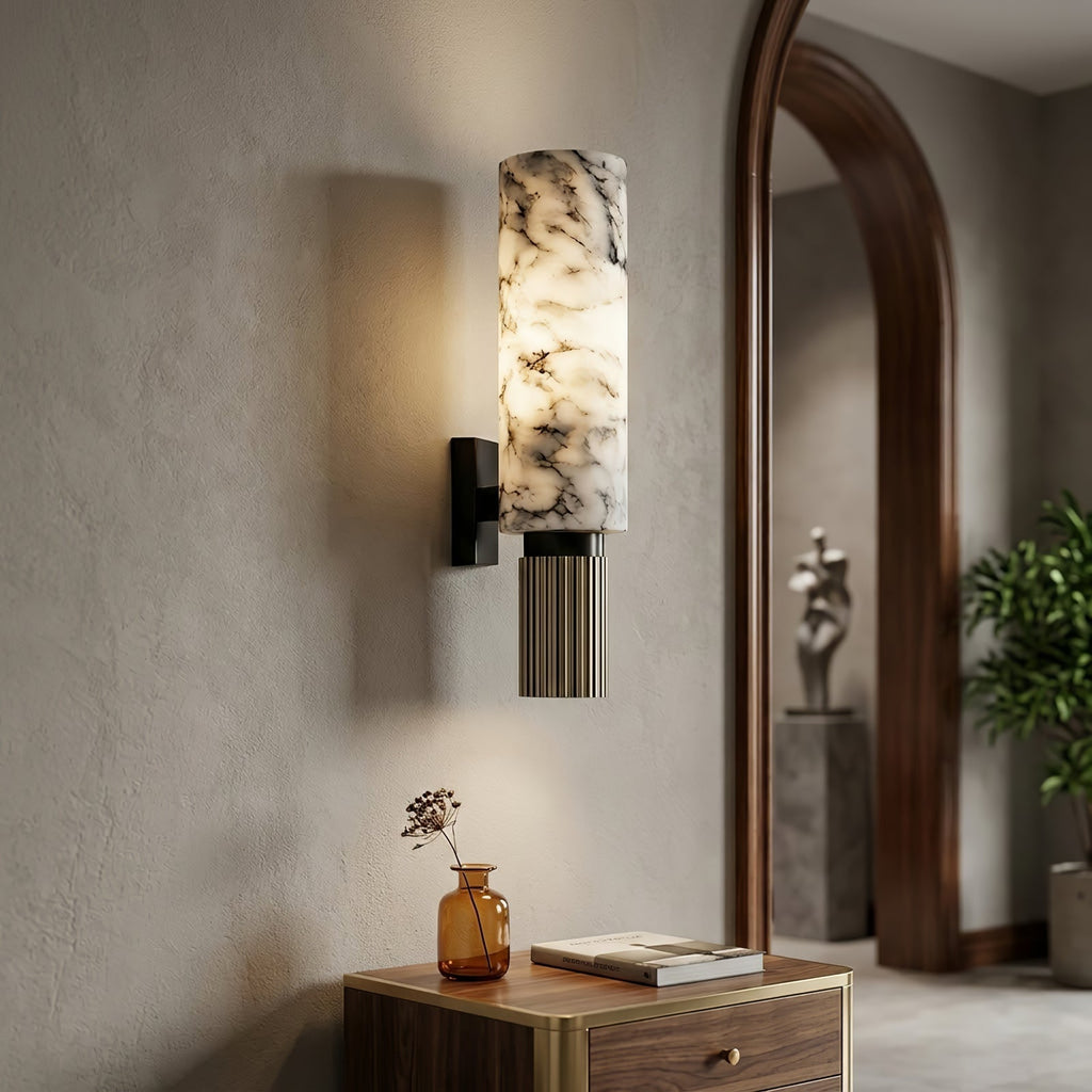 Cylindrical Wall Light - White Marble and Polished Brass, E27 (ES) cap, H 33.5cm