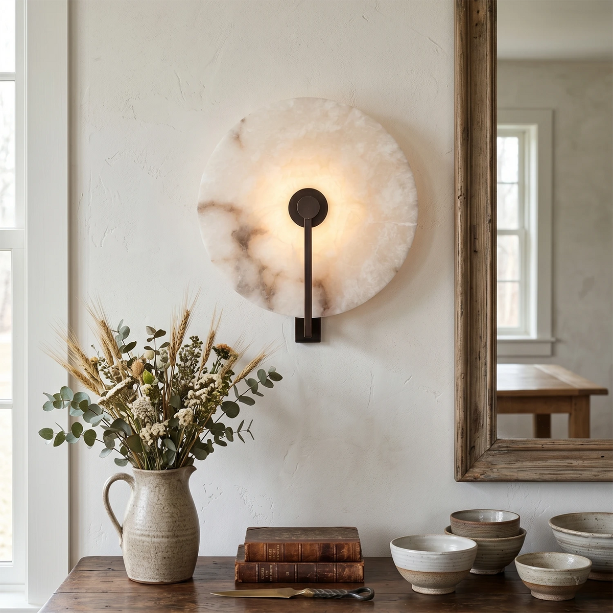 Disc Alabaster Wall Light – Aged Brass or Bronze Surround