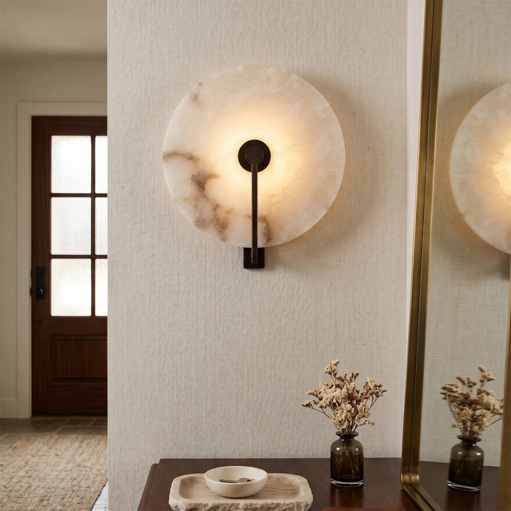 Disc Alabaster Wall Light – Aged Brass or Bronze Surround