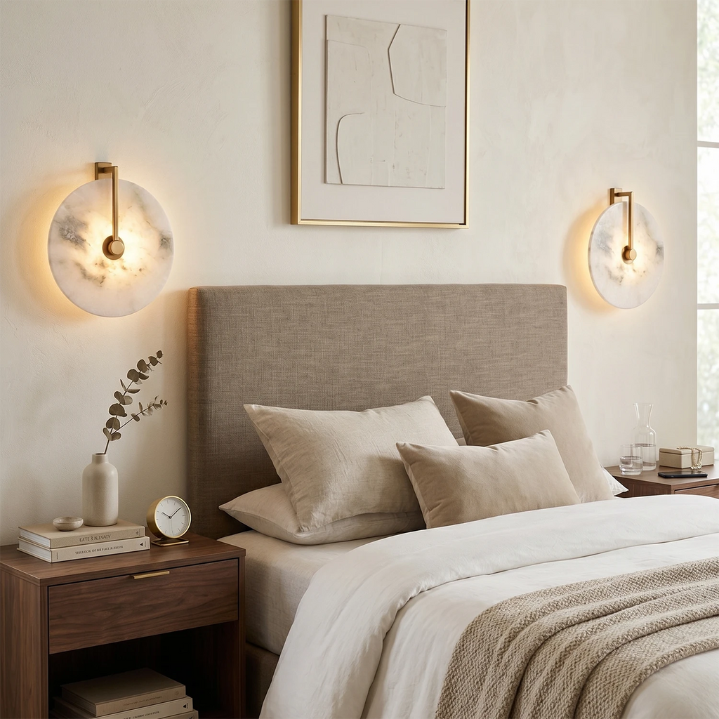 Disc Alabaster Wall Light – Aged Brass or Bronze Surround