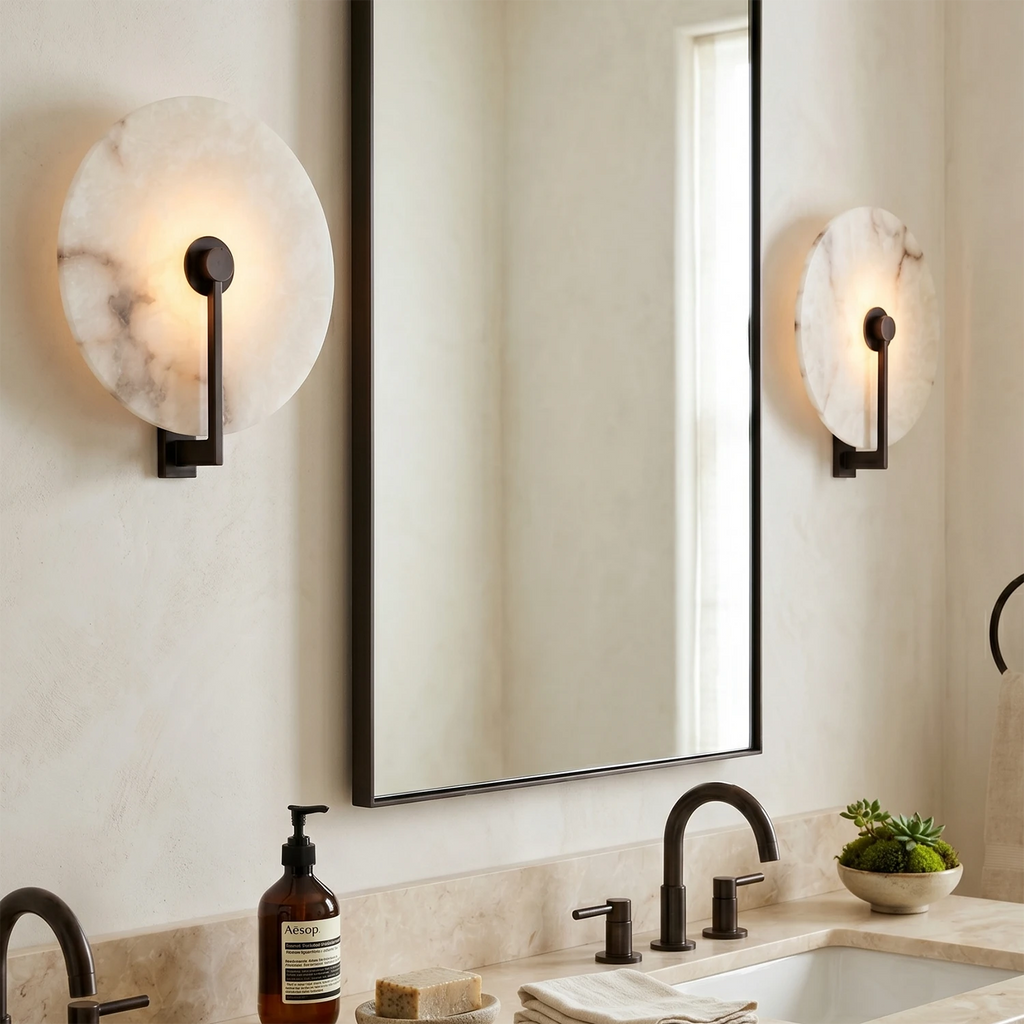 Disc Alabaster Wall Light – Aged Brass or Bronze Surround