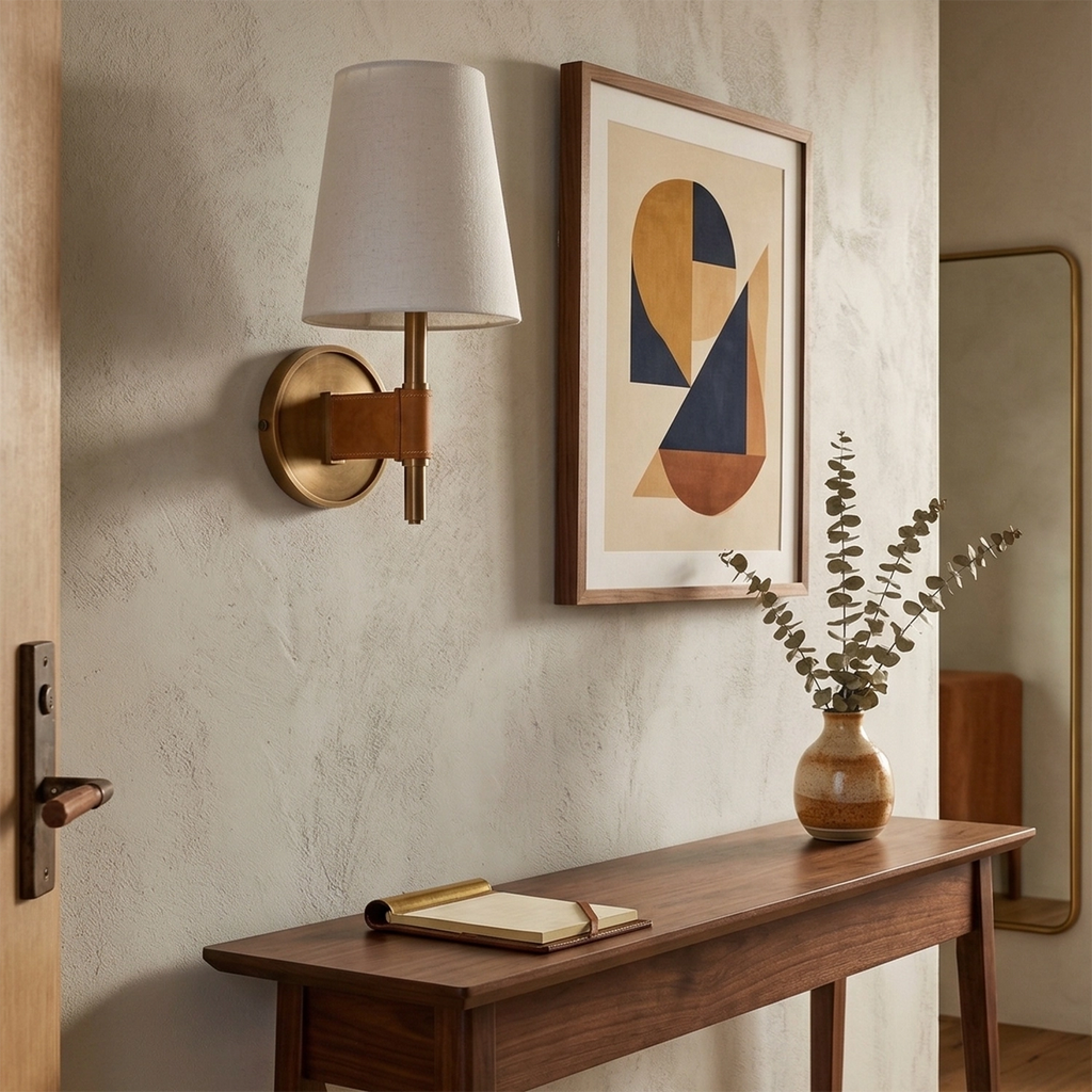 Hastings Wall Light – Beige Leather and Aged Brass, Dimmable