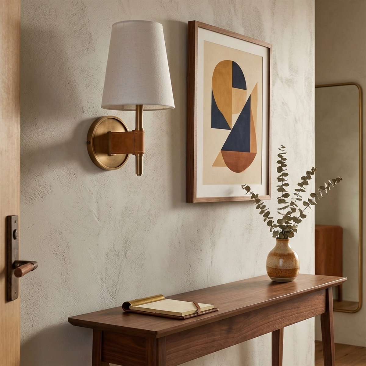 Hastings Wall Light – Beige Leather and Aged Brass, Dimmable