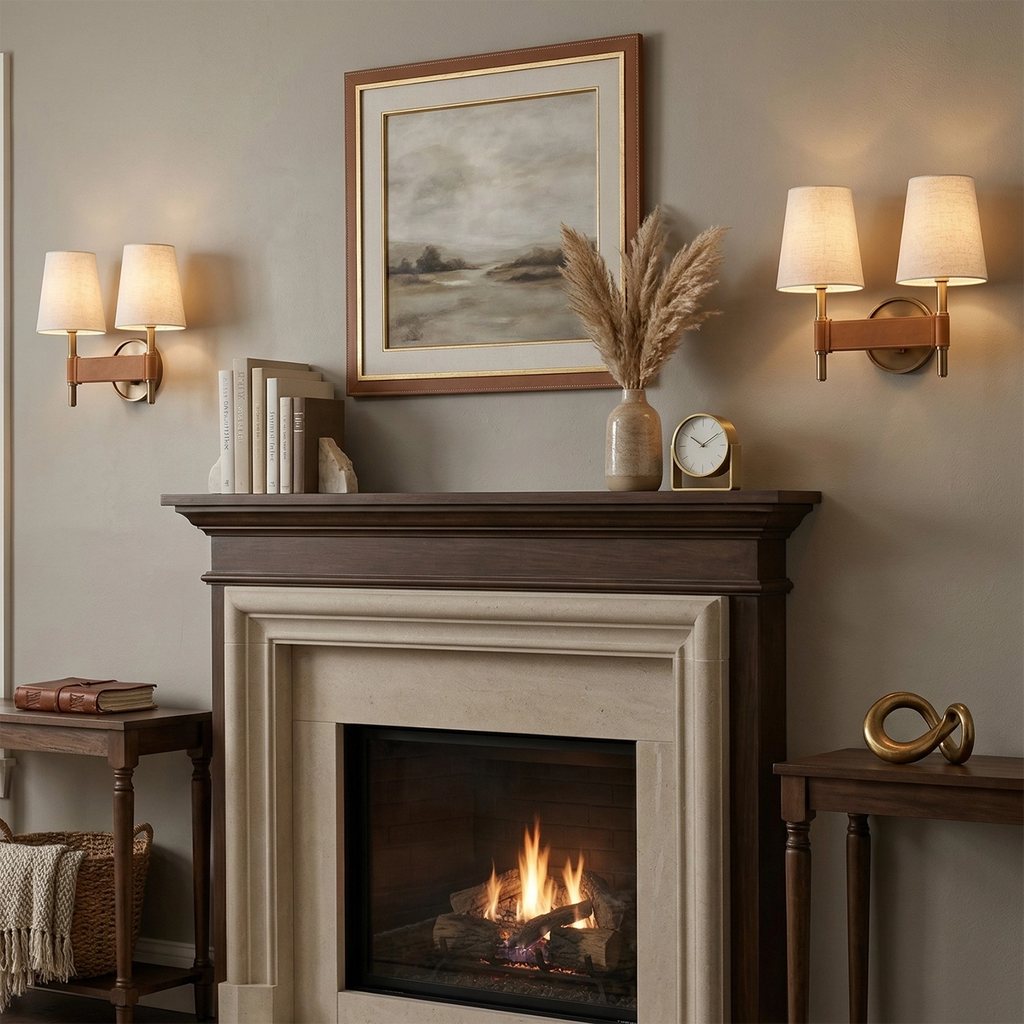 Hastings Wall Light – Beige Leather and Aged Brass, Dimmable