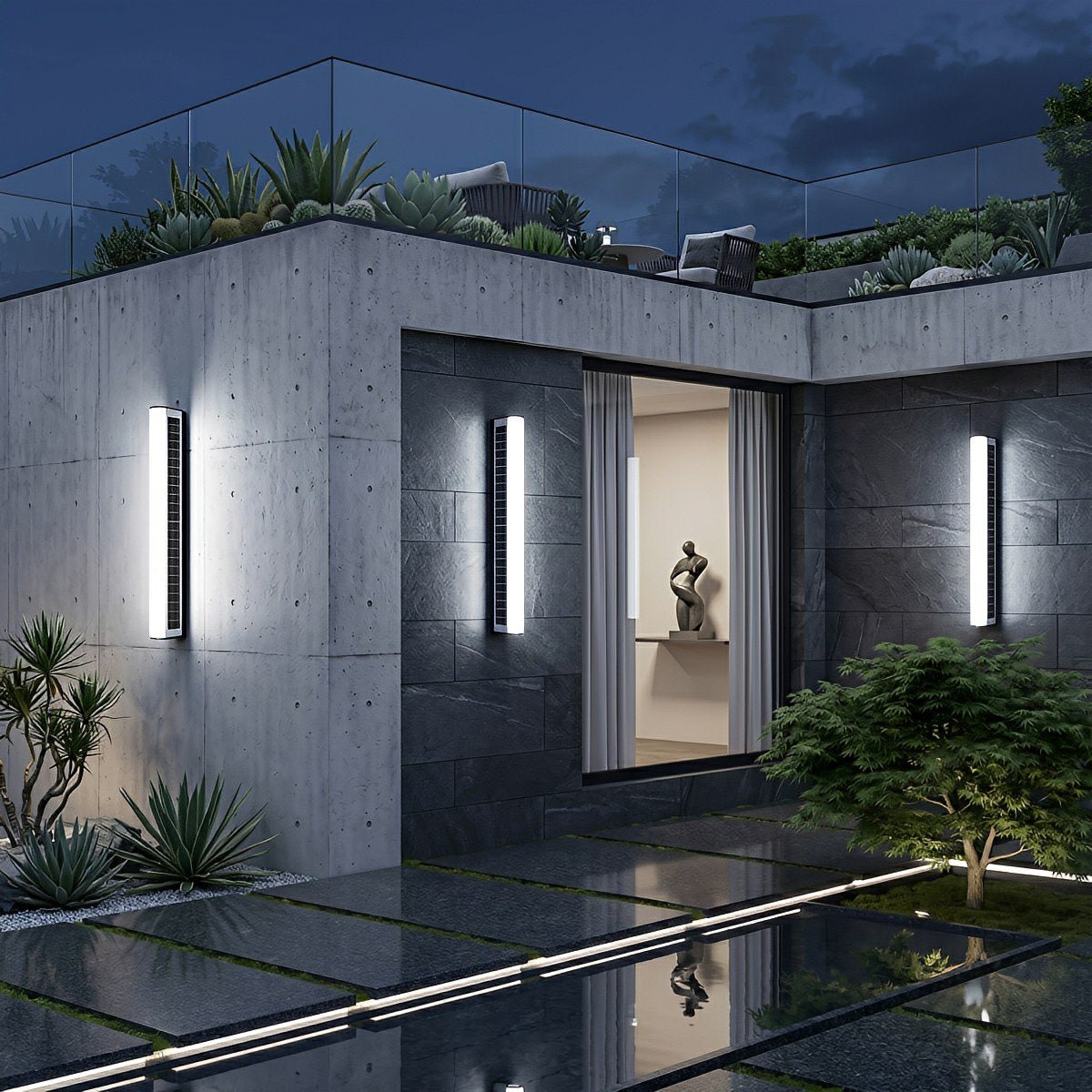 Minimalist Solar Outdoor Wall Light – Black Aluminium, IP65, H 20 to 100cm