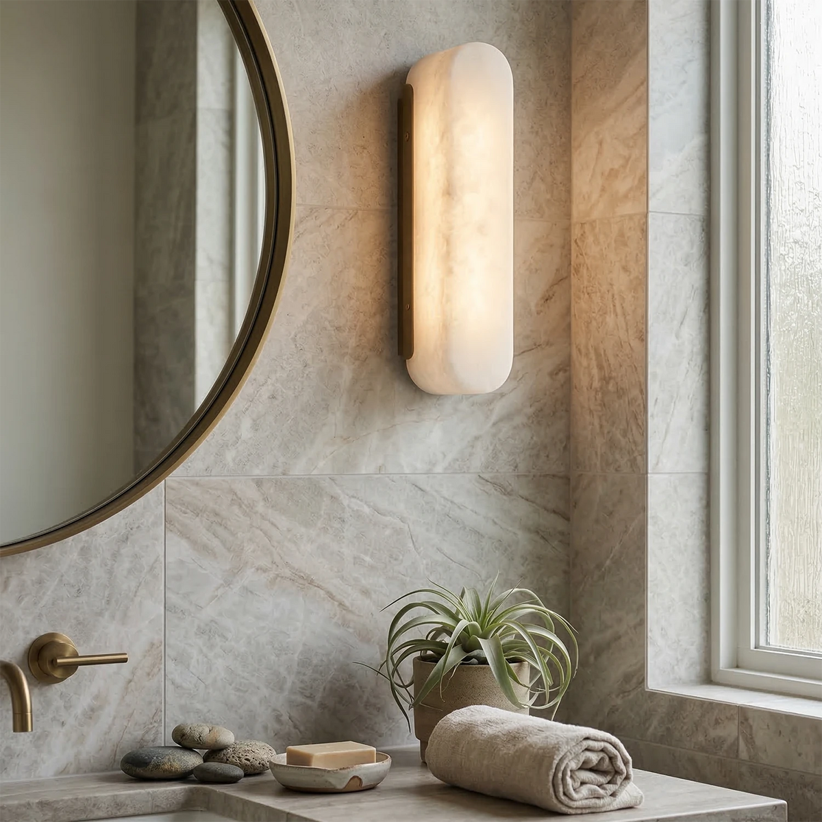 Ondine Alabaster Wall Light – Matt Black Brass Base, E27
