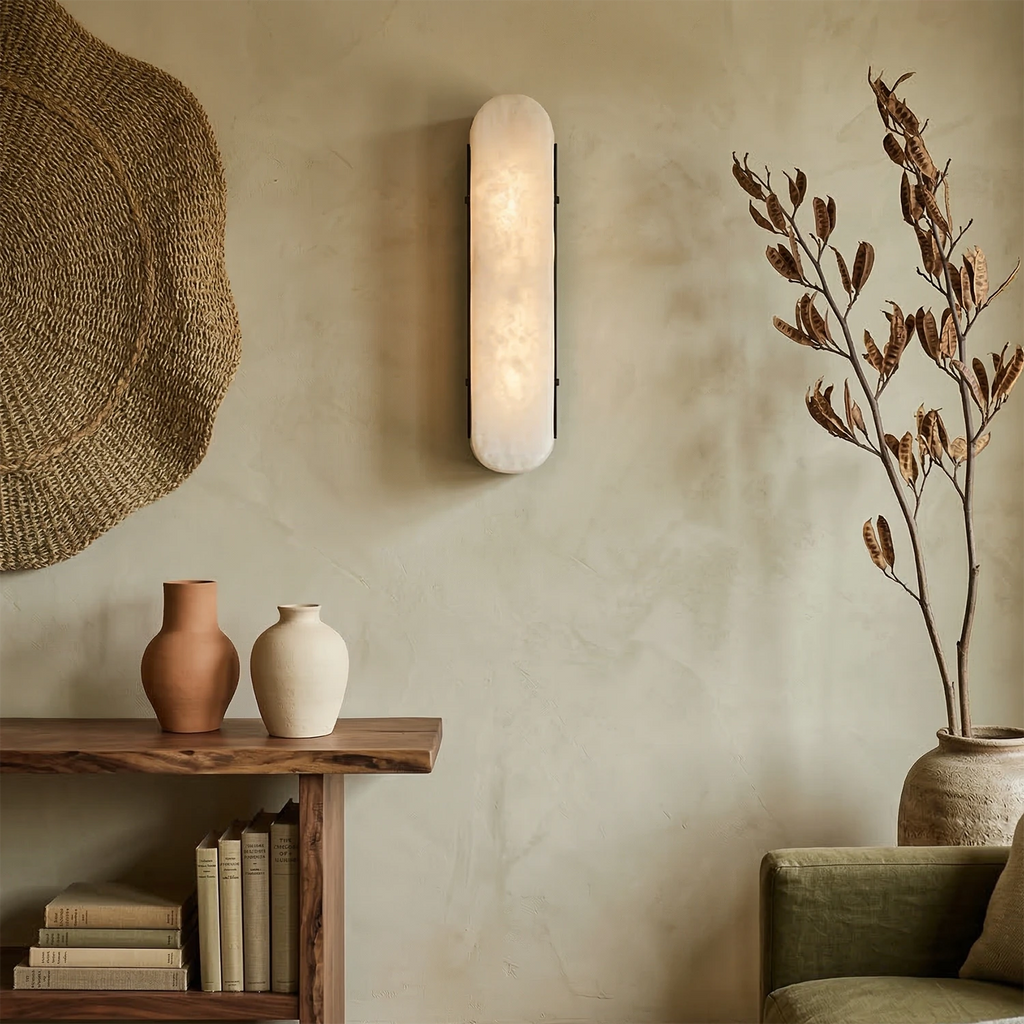 Ondine Alabaster Wall Light – Matt Black Brass Base, E27