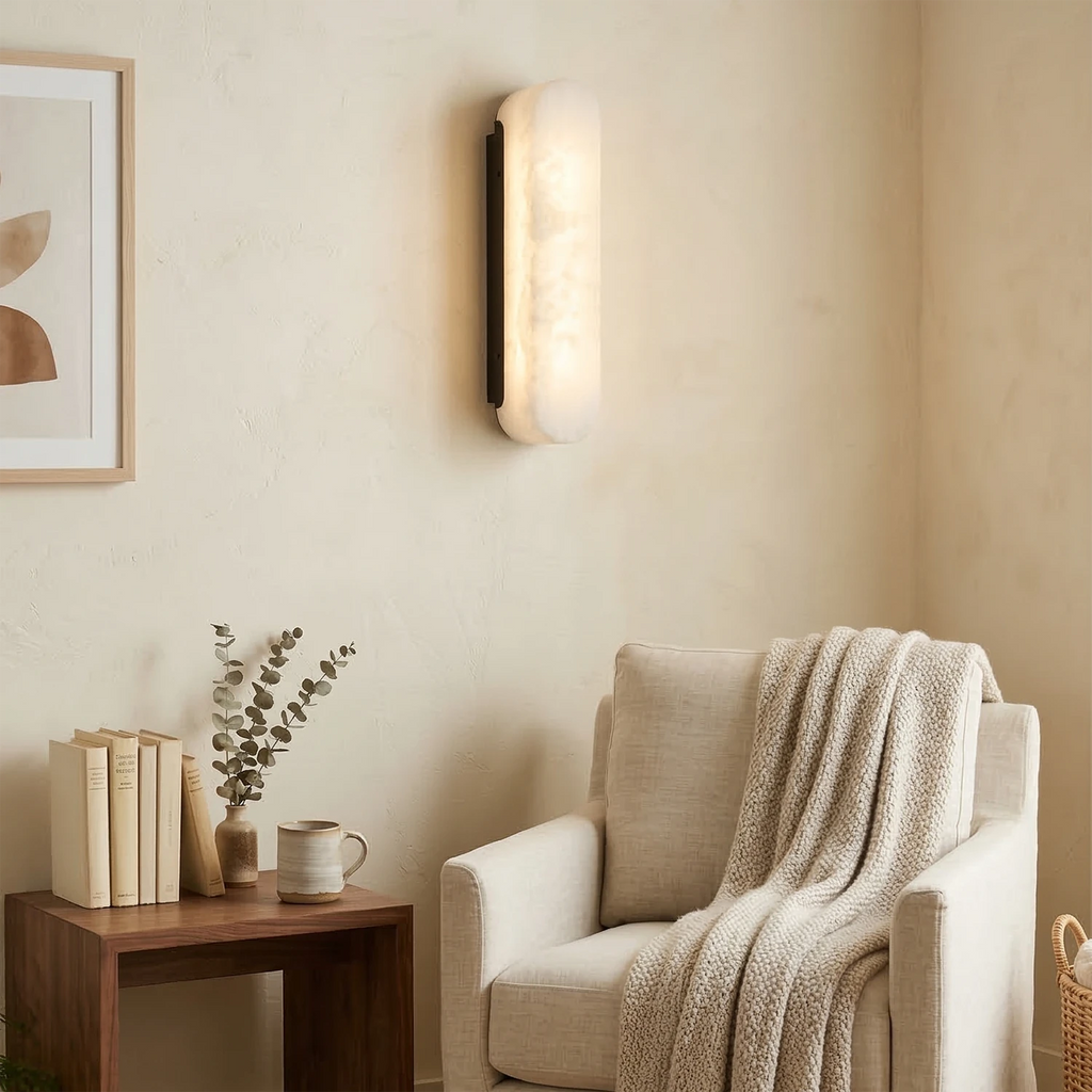 Ondine Alabaster Wall Light – Matt Black Brass Base, E27