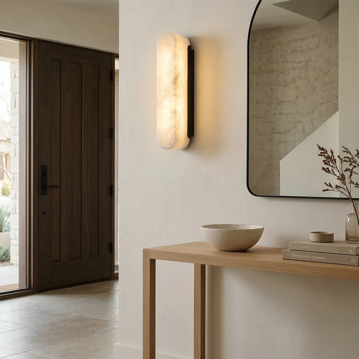 Ondine Alabaster Wall Light – Matt Black Brass Base, E27