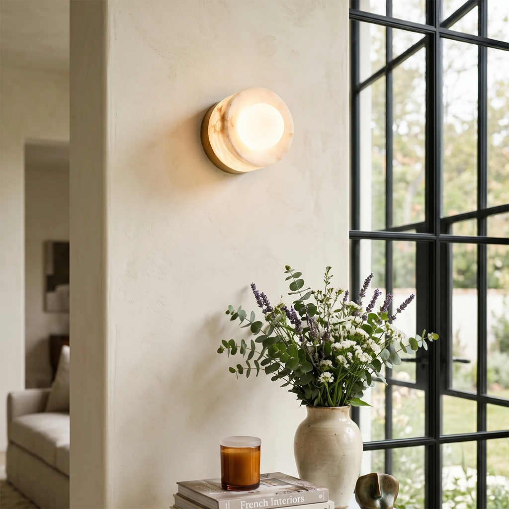 Sphere Wall Light – Spanish Alabaster and Brass, G9 Cap