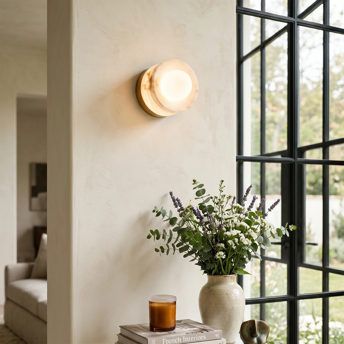 Sphere Wall Light – Spanish Alabaster and Brass, G9 Cap