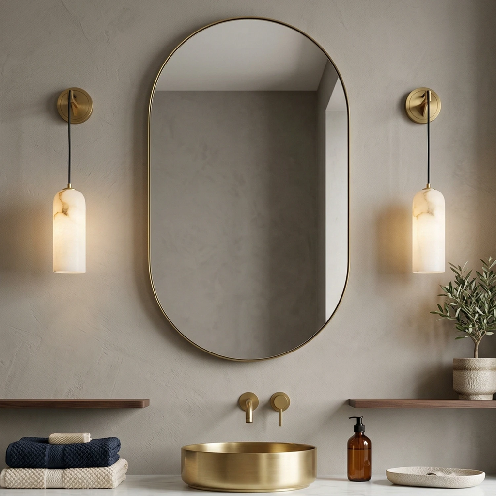 Petra Alabaster Wall Light – Brass Frame, Soft Light, E14