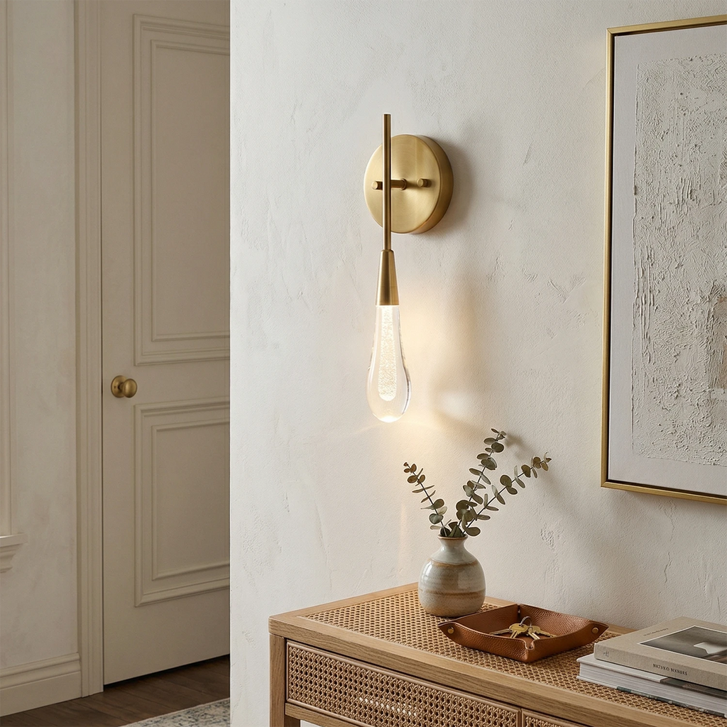 Raindrop wall light in blown glass and brushed metal