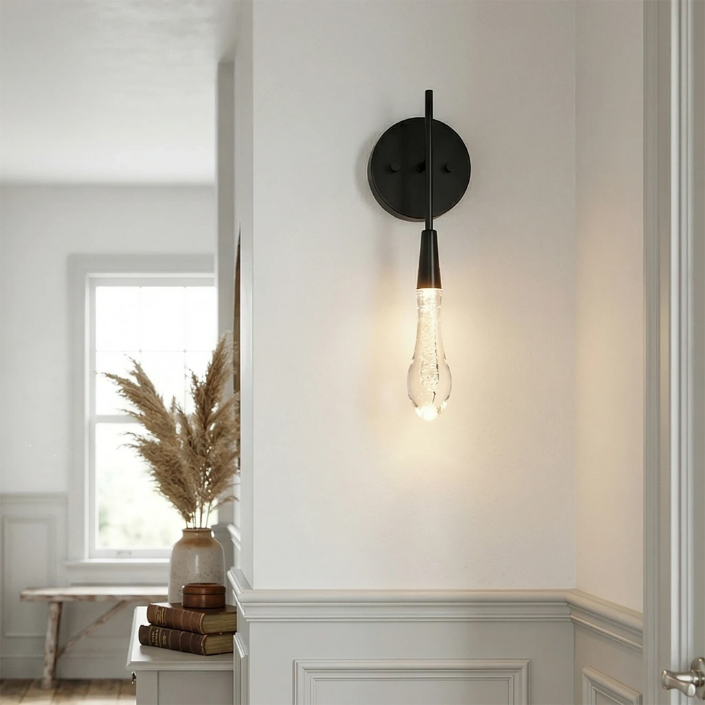 Raindrop wall light in blown glass and brushed metal