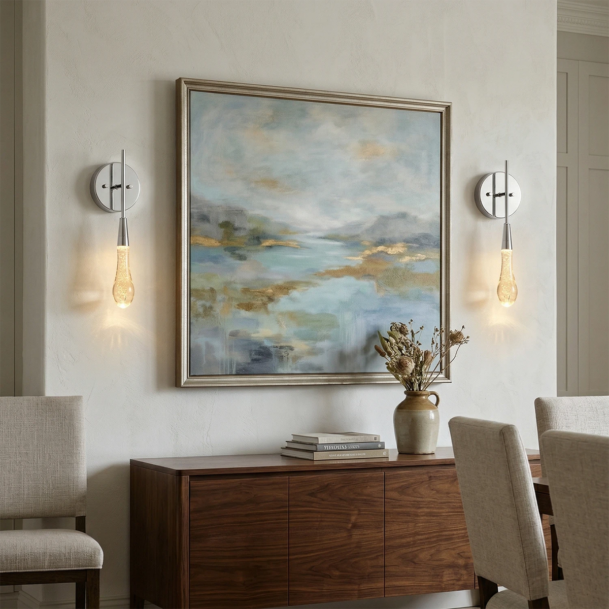 Raindrop wall light in blown glass and brushed metal