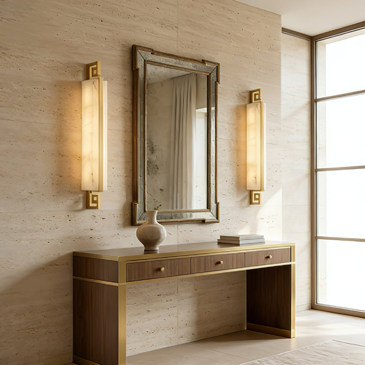 Solene Vertical Wall Light – Brass and Alabaster, E14 (SES) Cap