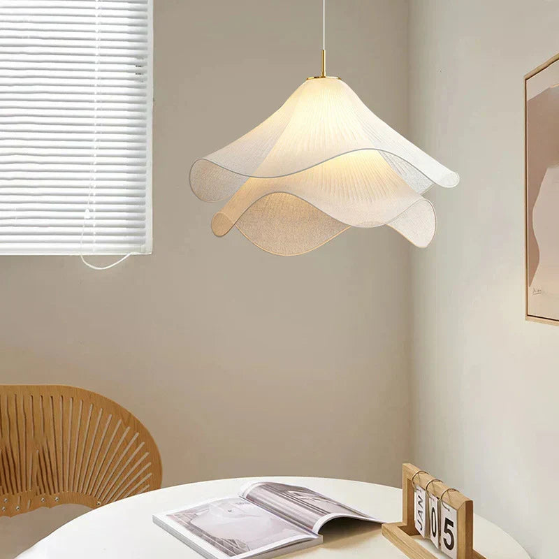Japandi Rippled Fabric Pendant Light – Matt White LED Shade