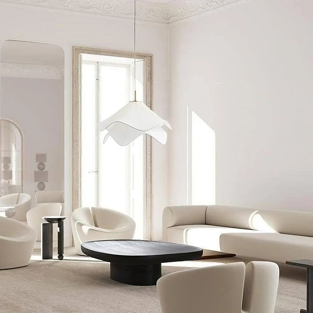Japandi Rippled Fabric Pendant Light – Matt White LED Shade