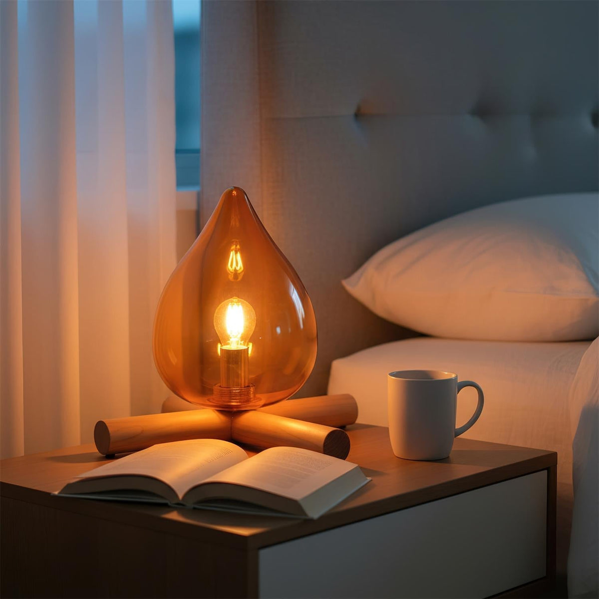 Flame-Effect Glass Table Lamp – Wooden Cross Base – View 10