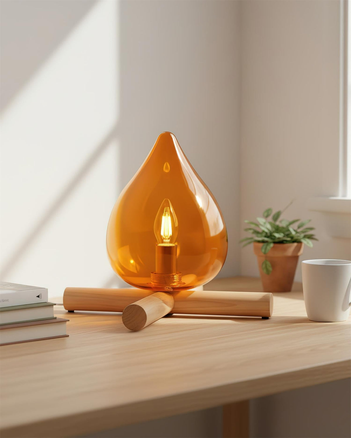 Flame-Effect Glass Table Lamp – Wooden Cross Base – View 6