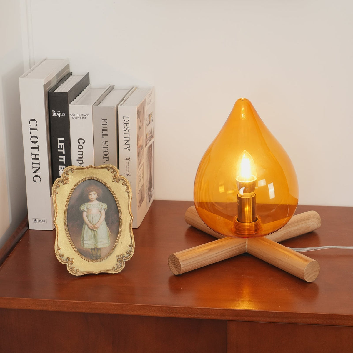 Flame-Effect Glass Table Lamp – Wooden Cross Base – View 21